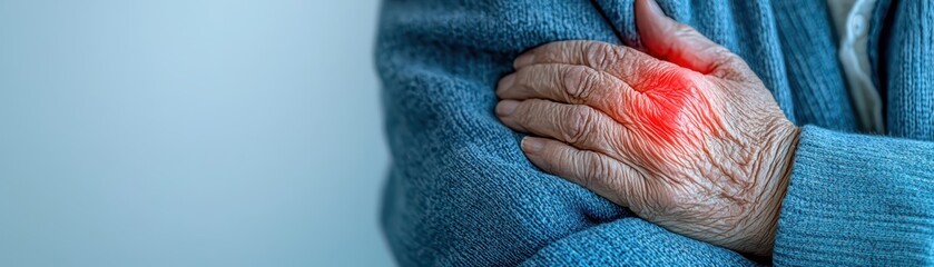 Fototapeta premium Elderly Person Holding Shoulder with Red Glow Indicating Discomfort or Pain in the Arm