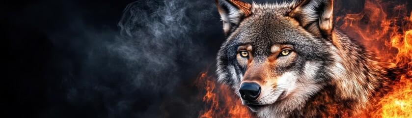 Fototapeta premium A wolf in smoke and fire, dark background, hyperrealistic