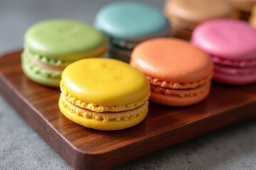Fototapeta premium Italian Macarons Displayed Artfully on a Rustic Wood Platter