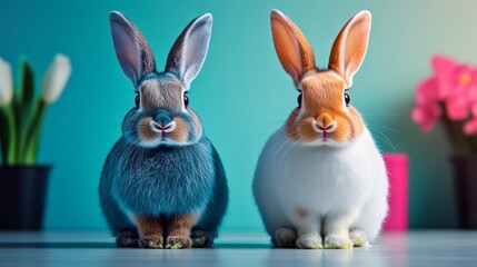Obraz premium Two rabbits are sitting on a table, one is blue and the other is white. The blue rabbit is looking at the camera, while the white rabbit is looking away. The scene is calm and peaceful