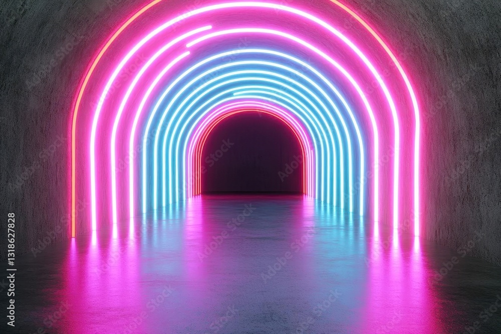 Poster abstract futuristic tunnel with neon lights glowing lines and shapes in the dark room