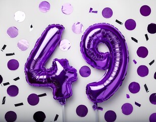 Purple balloon number 49 for forty-ninth birthday or anniversary party. White background with confetti