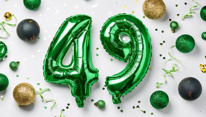 Green balloon number 49 for forty-ninth birthday or anniversary party. White background with confetti