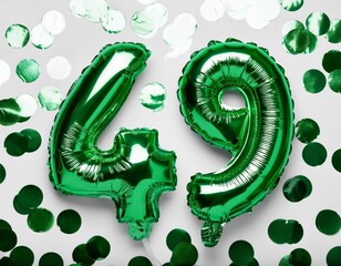 Green balloon number 49 for forty-ninth birthday or anniversary party. White background with confetti