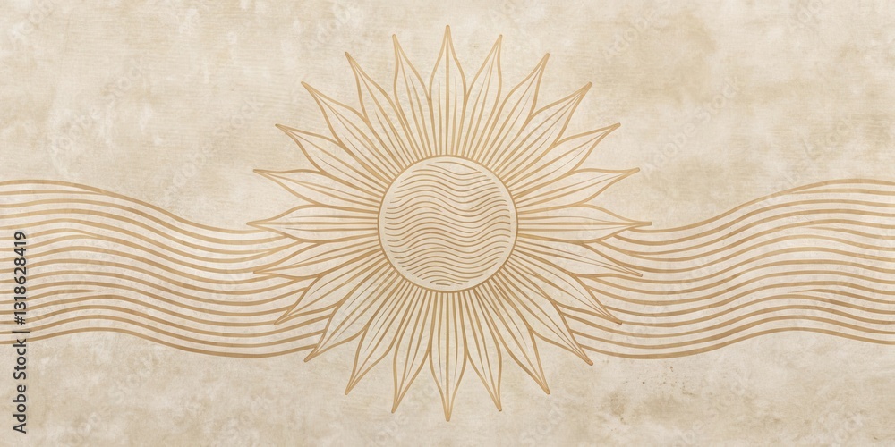 Poster An abstract design featuring a stylized sun illustration with wavy lines on a textured background