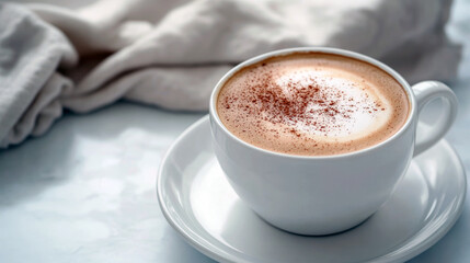 Obraz premium Warm cinnamon cappuccino in a white cup on a cozy morning