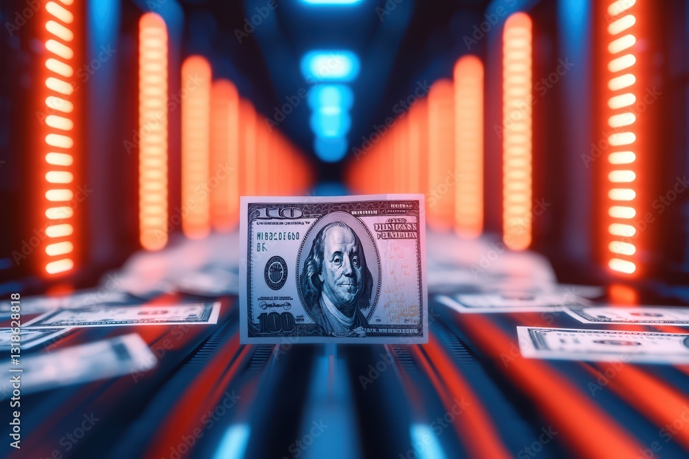 Poster surreal financial network pathway with floating money in a digital environment