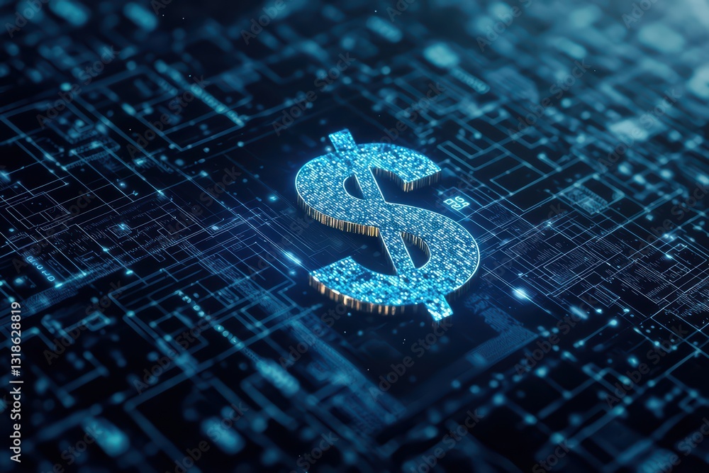 Poster surreal floating dollar symbol over digital network pathway in abstract financial technology scene