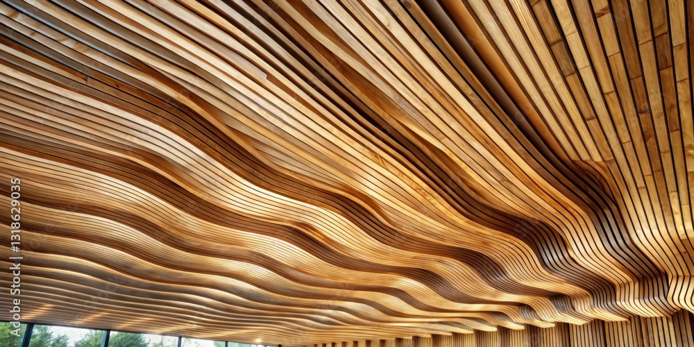 Fototapete A ceiling made of wood strips is curved into undulating waves, creating a dynamic and interesting architectural detail.