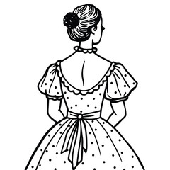 Fototapeta premium A black and white line art illustration of a young girl in an elegant vintage dress, viewed from the back, 