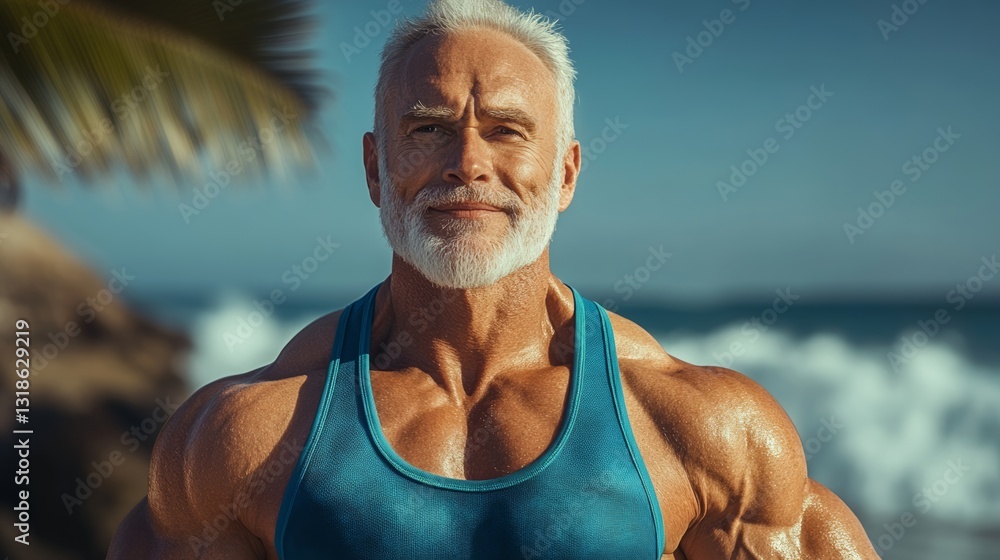 Poster man with a beard and a blue tank top is smiling at the camera. he is standing on a beach with the oc