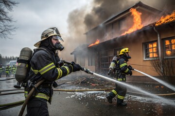 Obraz premium Firefighters battling house fire