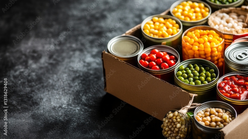 Aufkleber a vibrant array of canned vegetables in various colors is neatly organized in a rustic cardboard box