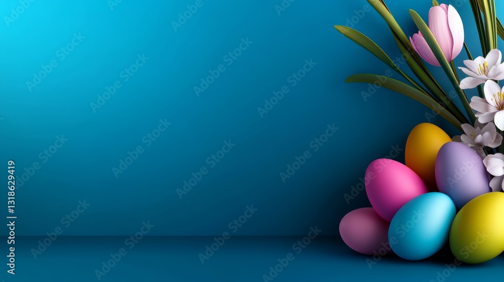 Poster blue background with a bunch of colorful eggs and flowers. the eggs are arranged in a pyramid shape,