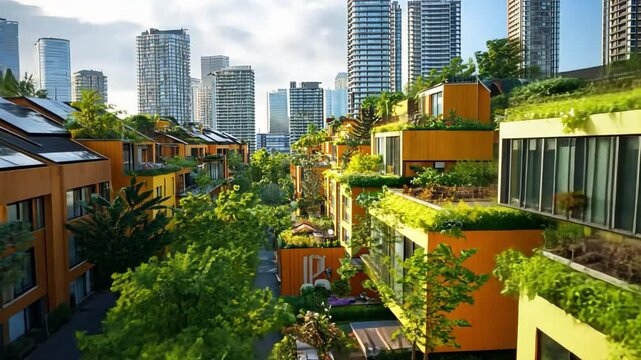 A clean energy-powered cityscape, vibrant green rooftops, solar installations, and zero-emission vehicles.