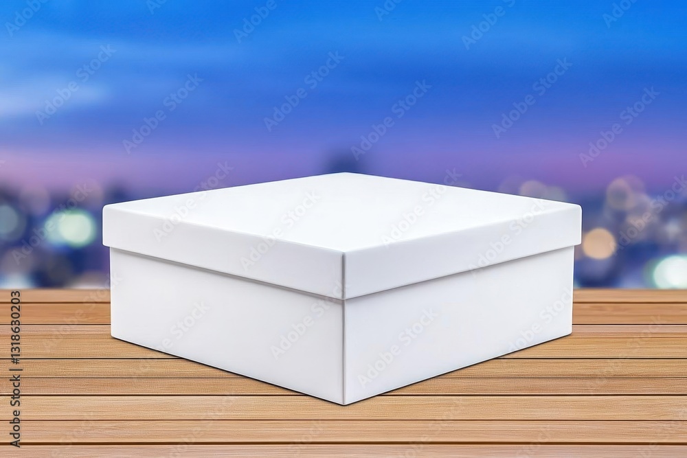 Poster empty white casketlike box on a wooden table with a blurred background of a night sky and bokeh ligh