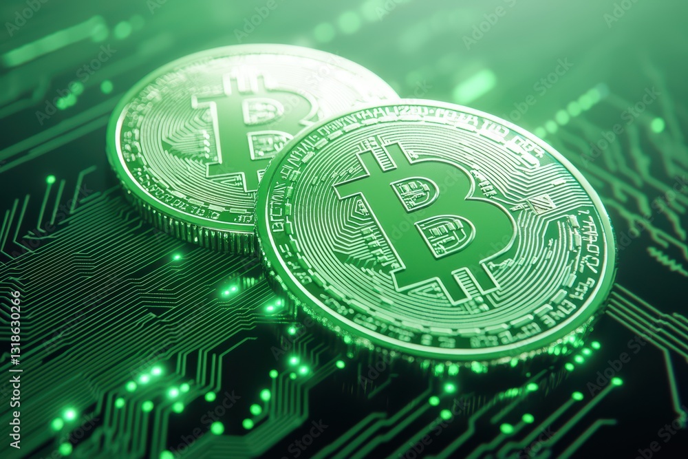 Poster futuristic digital concept of money laundering with glowing bitcoins and circuit pattern background