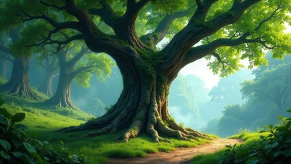 Naklejka premium Ancient Forest Path Leading to a Majestic Tree with Lush Greenery and a Misty Atmosphere