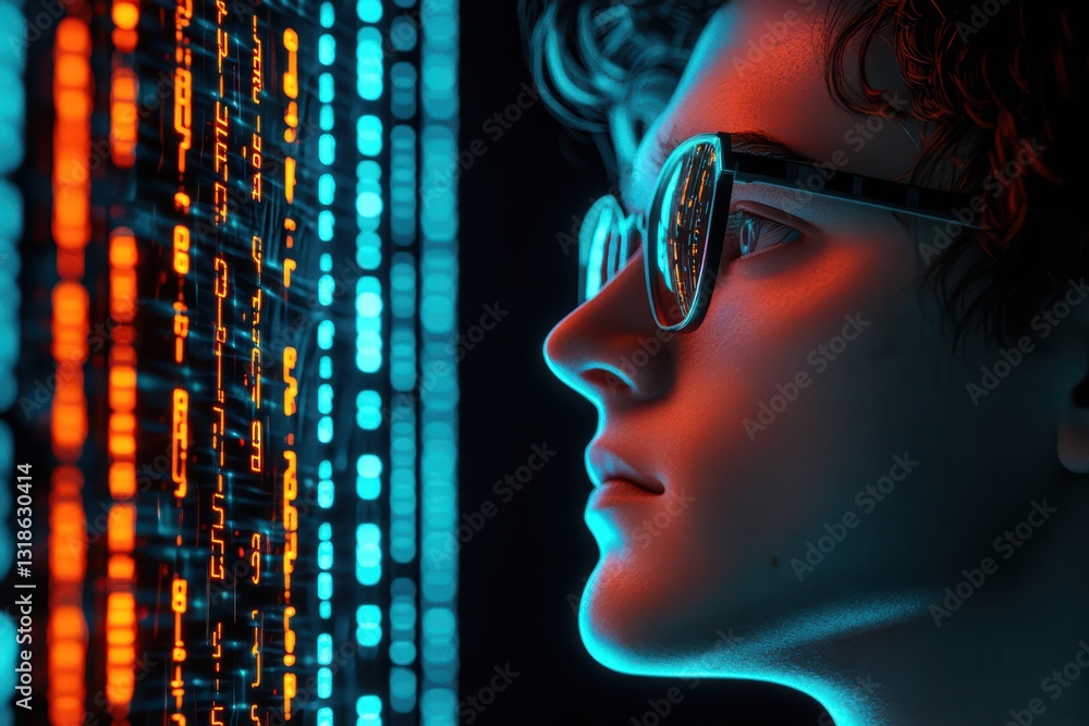 Poster futuristic hacker analyzing glowing code in a dark room with intense focus and innovation