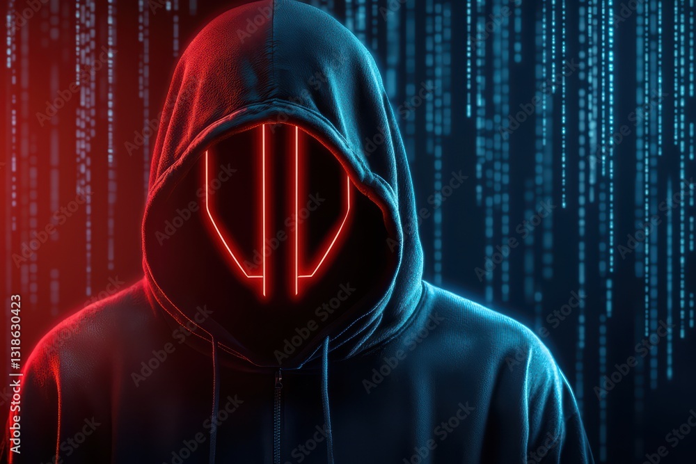 Aufkleber futuristic hacker in dark room with glowing code illuminated by neon lights and digital vibe