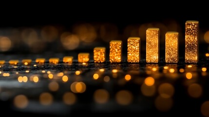 A vibrant glowing dashboard featuring dynamic bar graphs and flowing percentage data.