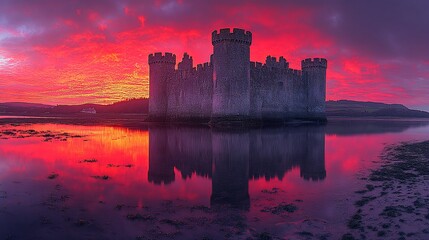 Fototapeta premium Dramatic sunset reflecting on a medieval castle in a calm bay.