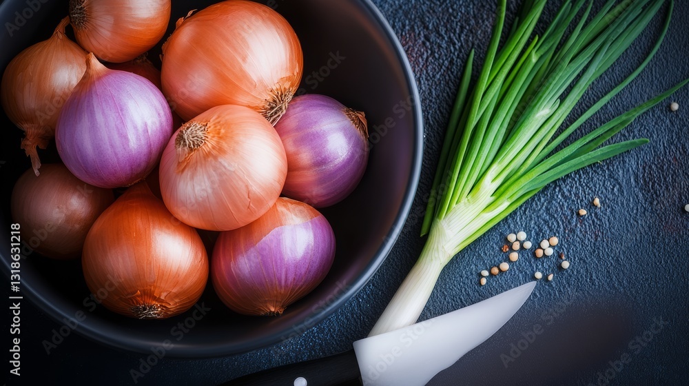 Poster bowl of onions and green onions with a knife next to it. the onions are in different colors and size
