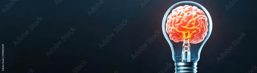 Poster Light bulb with a glowing brain inside on a dark background
