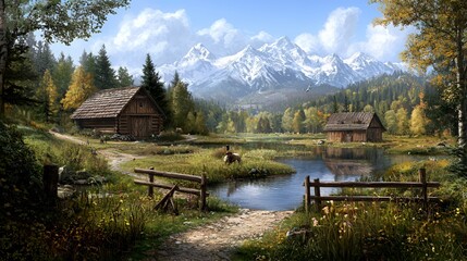 Alpine Village Landscape with Mountain Lake and Rustic Cabins