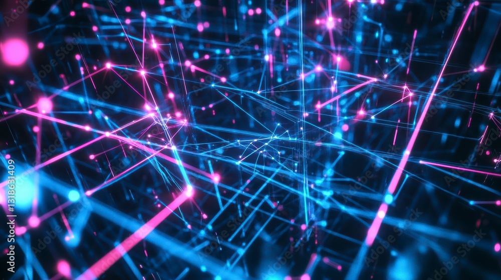 Poster digital network of interconnected data: the image is a vibrant representation of a complex digital n