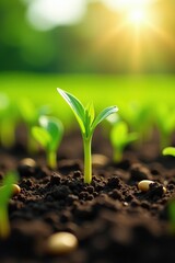 Corn seeds on the ground with sprouts growing upward, crops, farm
