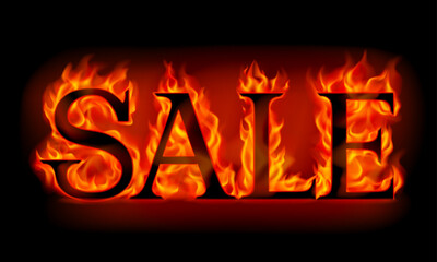 Burning inscription SALE isolated on a black background. Letters in orange flames. Vector illustration. 