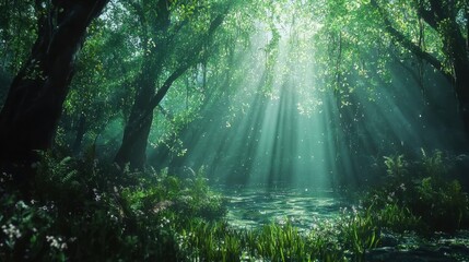 Obraz premium Sunlight filters through dense green foliage in a peaceful forest. A calm pond reflects the light, surrounded by vibrant plants and soft greenery, creating a magical atmosphere