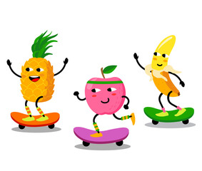 Fruits skater mascots characters design. Set of cute fruits characters skateboarding. Cute apple, pineapple, banana. For kids, merchandise and sticker, banner promotion or blog