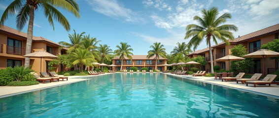 A breathtaking hotel complex featuring a crystal-clear pool, nestled along the serene azure coastline.
