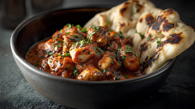 Restaurant-style Butter Chicken with creamy sauce and naan on a dark background  
