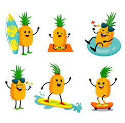 Cute cartoon summer pineapple characters with faces. Funny fruit characters on tropical vacation isolated on white background.  Eating healthy and fitness. Cute food cartoon character set