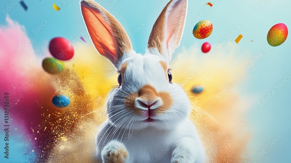 Poster rabbit is standing in front of a colorful explosion of easter eggs. the rabbit is in a playful and e