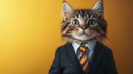 Cat is wearing a suit and tie, looking at the camera. Concept of humor and playfulness, as cats are not typically seen dressed up in formal attire
