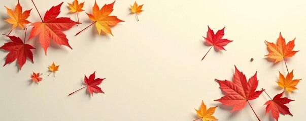 Obraz premium Delicate maple leaves scattered on a creamy white surface, nature, delicate
