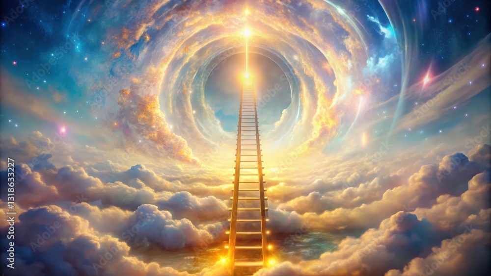 Poster a celestial ladder ascends through the heavens, guided by a luminous portal in the heart of a swirli