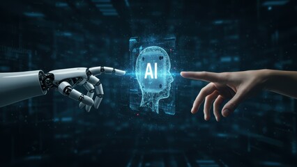 Fototapeta premium Robot hand and human hand interact with AI interface in digital world, reflecting concepts like innovation and technology integration