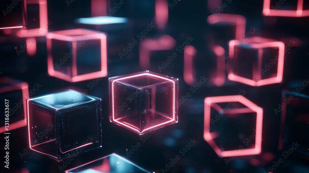 Poster digital cubes: abstract digital composition with geometric shapes, illuminated with red and blue ton