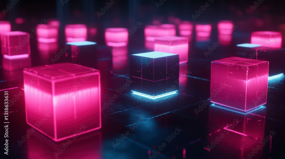 Poster neon cube grid: a mesmerizing display of glowing, neon-lit cubes in a futuristic grid, highlighting 