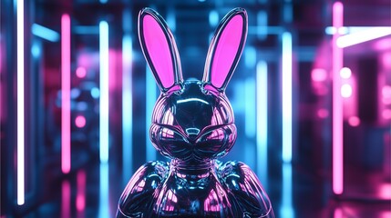 Futuristic metallic rabbit sculpture with cyberpunk neon blue and pink lights in a high-tech corridor