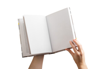 Hands holding open book with blank pages, reading and education concept. Literature, knowledge,...