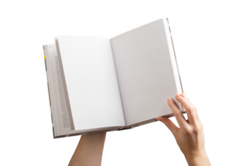 Hands holding open book with blank pages, reading and education concept. Literature, knowledge, learning and university study. Isolated on white background..