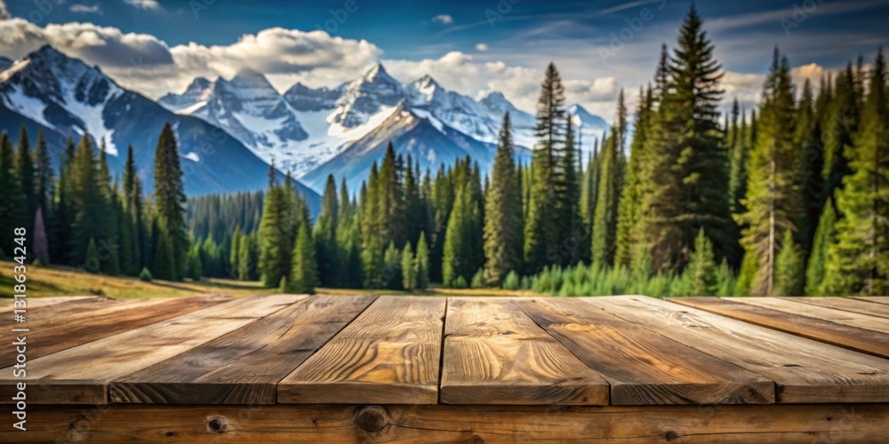 Poster a rustic wooden table with a backdrop of majestic snow-capped mountains and a lush evergreen forest.