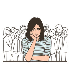 young woman sitting with a sad expression. She appears isolated despite being surrounded by a group of cheerful people who are smiling, talking, and raising their hands in excitement.