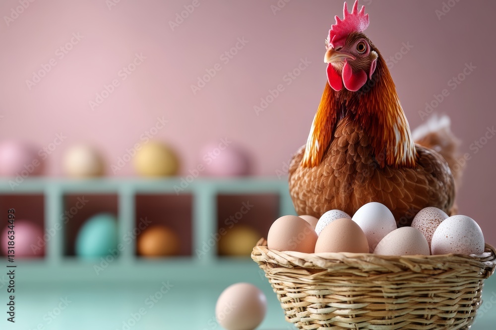 Poster chicken is standing in front of a basket of eggs. the basket is filled with a variety of eggs, inclu